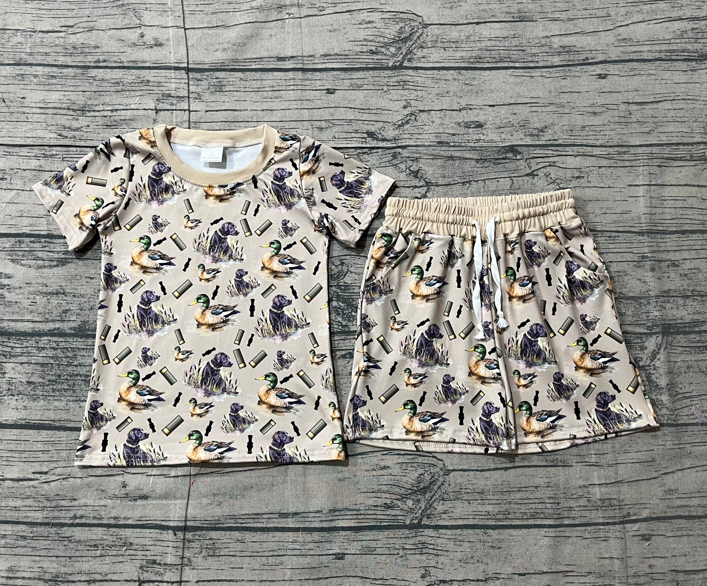 12.20 BSSO1727 Sample No Moq Baby Boys Ducks Calls Dogs Top Pockets Shorts Hunting Pajamas Sets