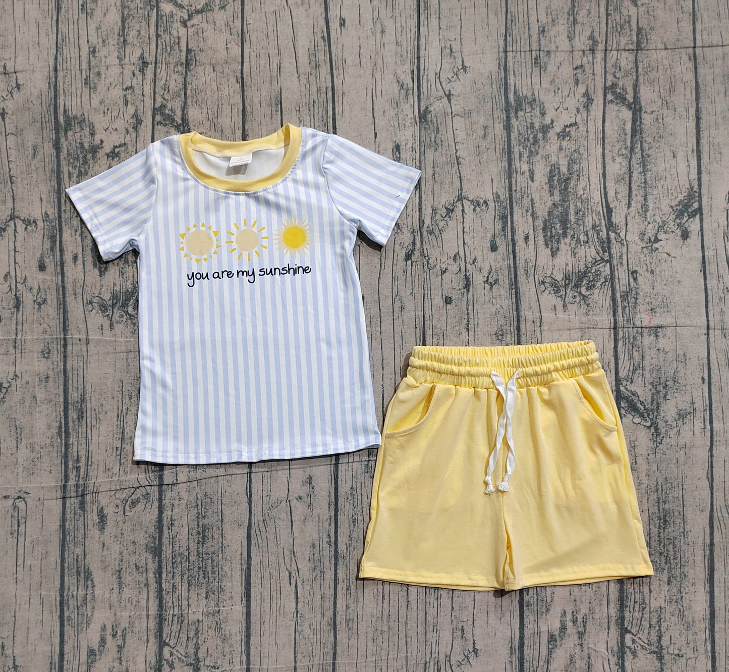 1.15 BSSO1734 Sample No Moq Baby Boys Stripe You are My Sunshion Top Pockets Shorts Clothes Sets