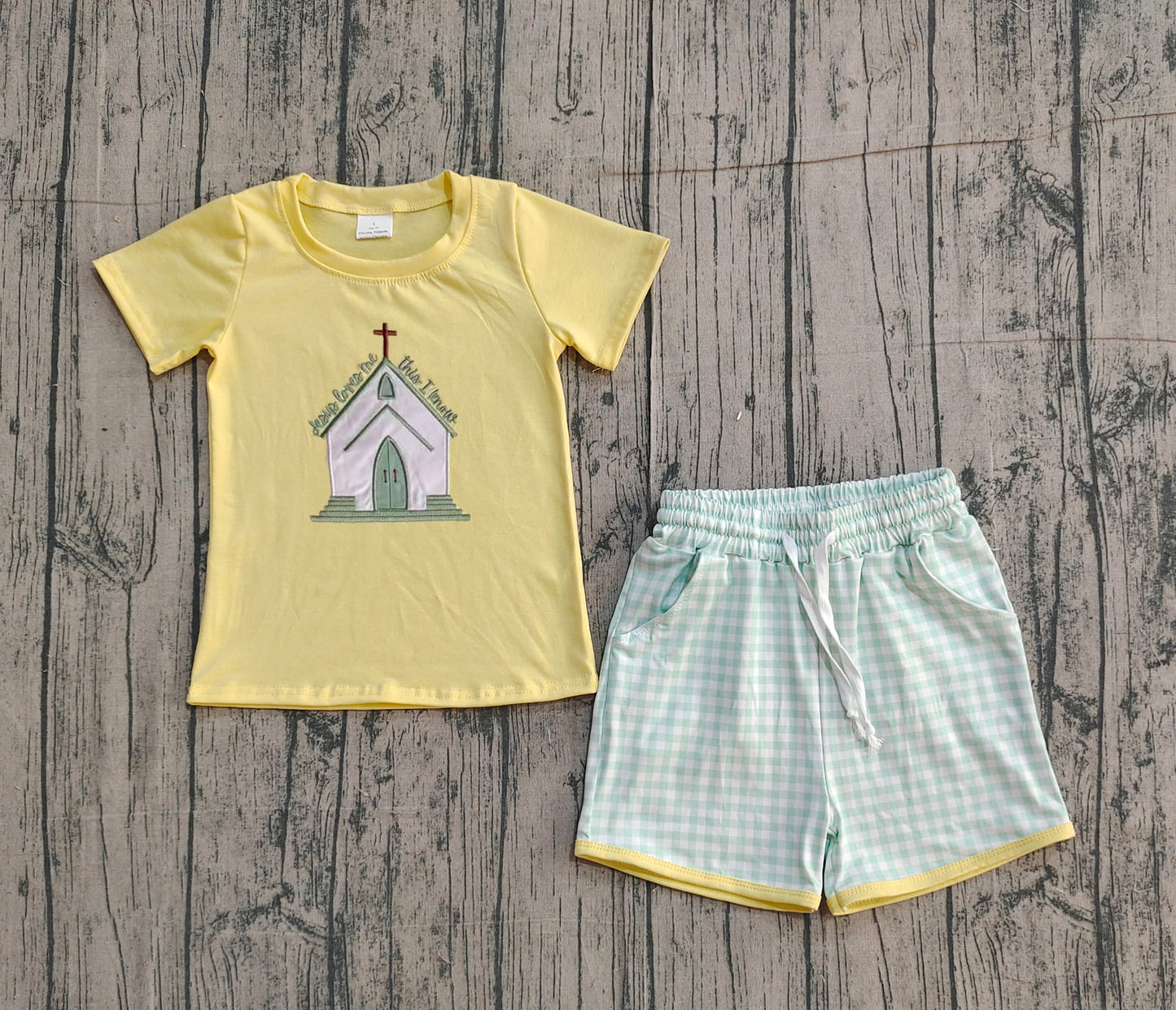 12.11 BSSO1740 Sample No Moq Embroidery Church Crosses Baby Boys Top Checked Pockets Shorts Easter Clothes Sets