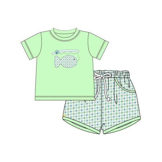 12.5 BSSO1761 Pre order No Moq Baby Boys Green Short Sleeve Shirts Top Checked Pockets Shorts Clothes Sets