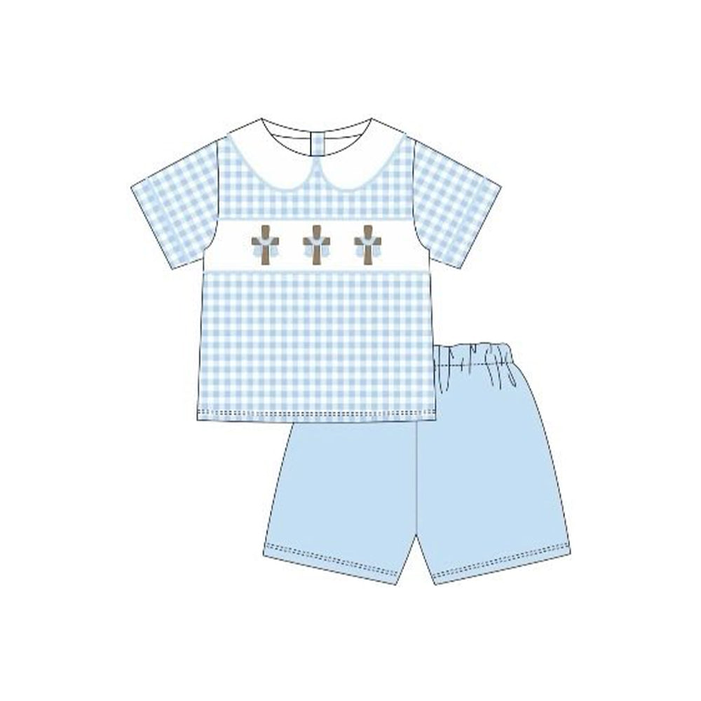 12.5 BSSO1765 Pre order No Moq Baby Boys Blue Checked Crosses Collar Top Shorts Easter Clothes Sets