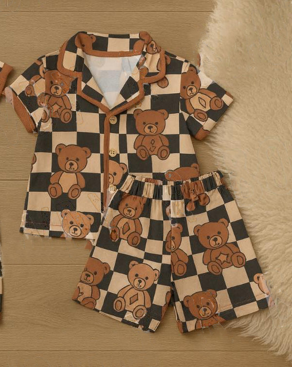 12.9 BSSO1774 Pre order No Moq Baby Boys Black Checked Bears Bears Button Top Shorts Pajamas Sets