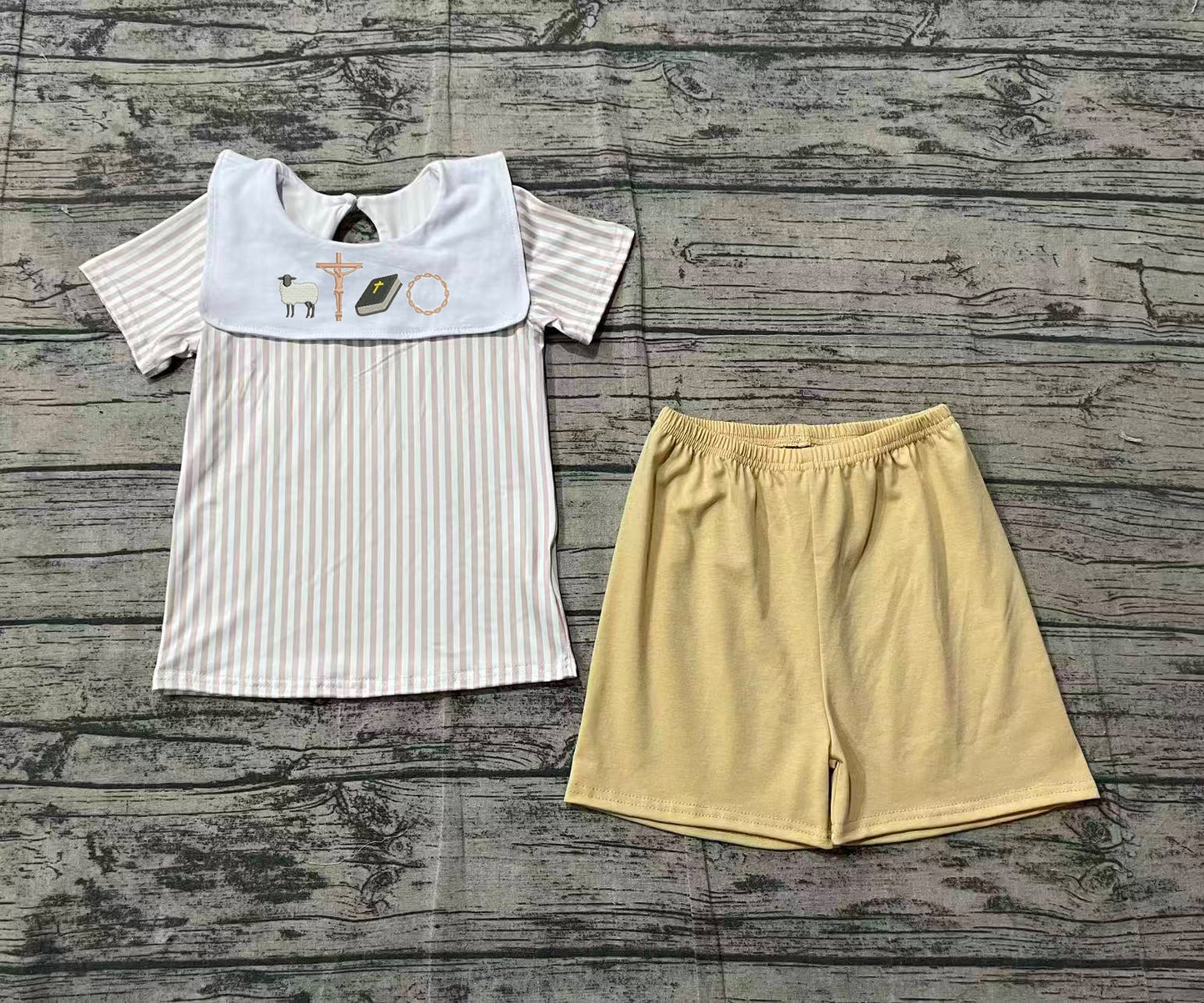 1.26 BSSO1777 Sample No Moq Embroidery Cross Baby Boys Stripe Top Shorts Easter Clothes Sets