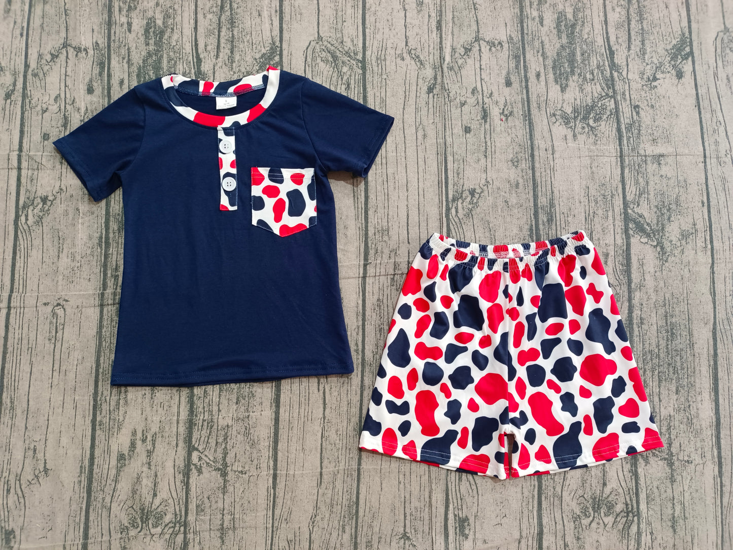 1.5 BSSO1783 Sample No Moq Baby Boys Red Blue Cow Print Pocket Button Top Shorts 4th of July Clothes Sets