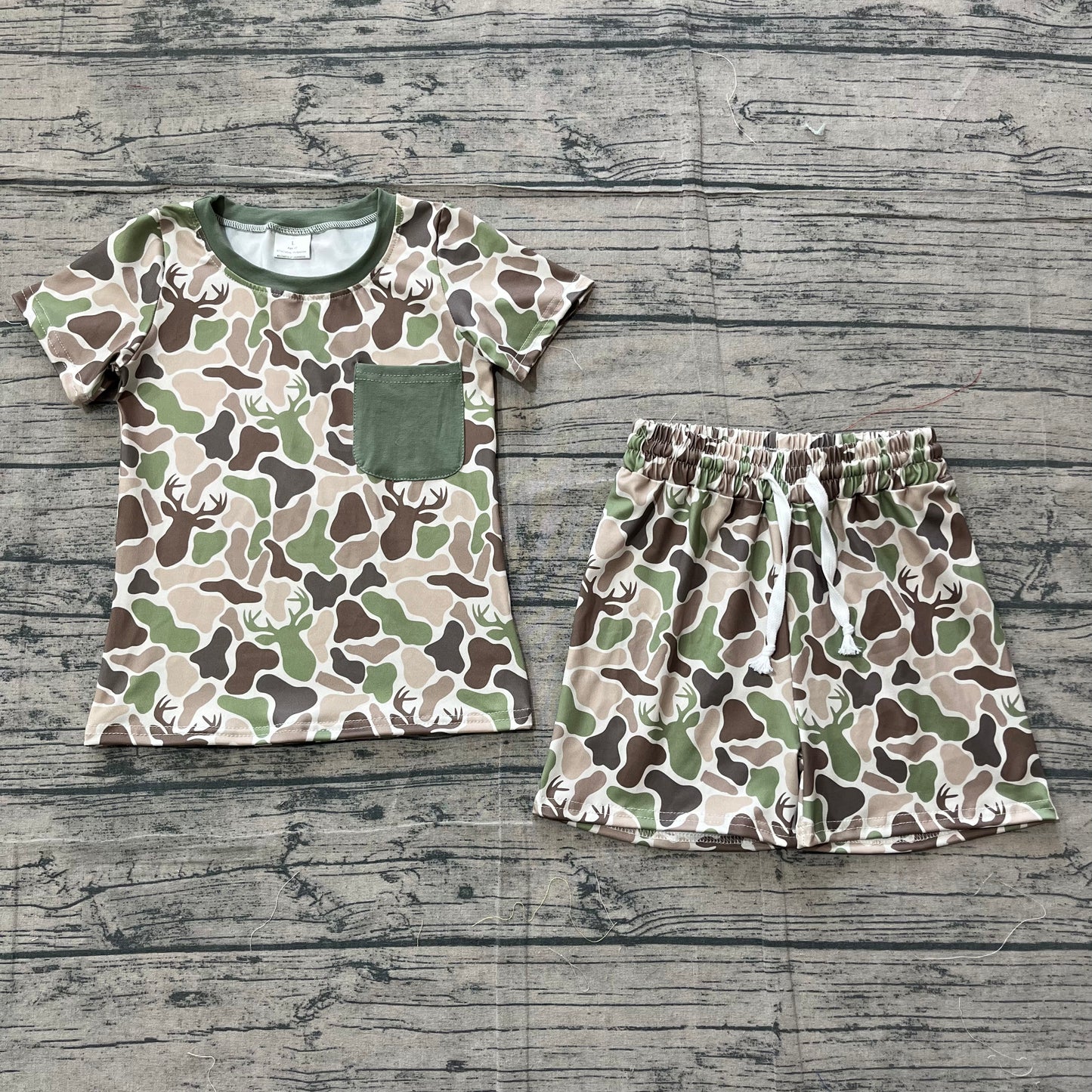 3.16 BSSO1792 Sample No Moq Summer Baby Boys Short Sleeve Green Deer Camo Pocket Top Shorts Hunting Clothes Sets