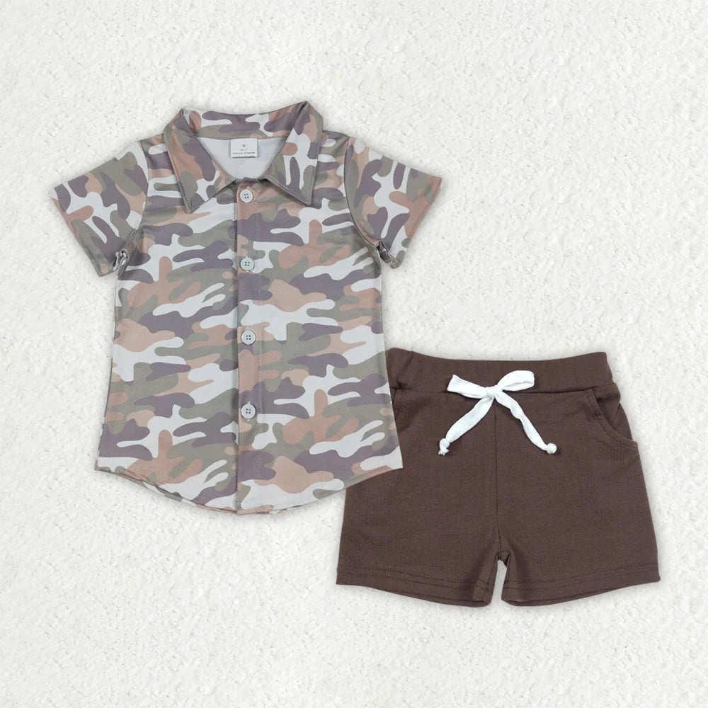 1.15 RTS NO MOQ (In stock)BSSO1804 Baby Boys Southern Grey Camo Button Shirt Top Pockets Shorts Hunting Clothes Sets