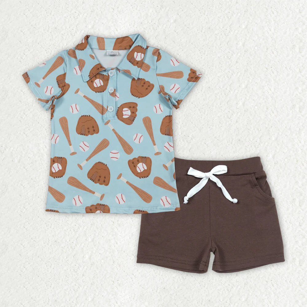 1.15 RTS NO MOQ (In stock)BSSO1805 Baby Boys Baseballs Button Polo Shirts Brown Pockets Shorts Team Clothes Sets