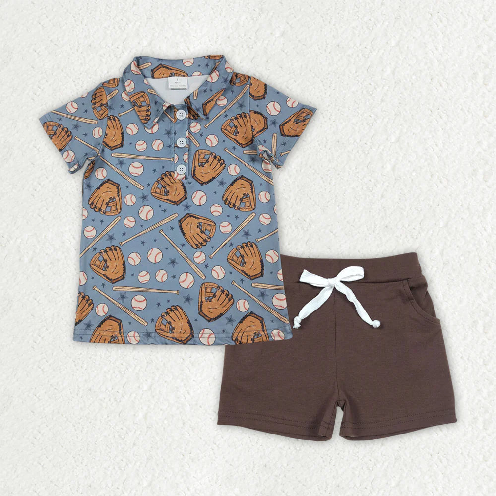 1.15 RTS NO MOQ (In stock)BSSO1806 Baby Boys Baseballs Button Polo Shirts Brown Pockets Shorts Team Clothes Sets