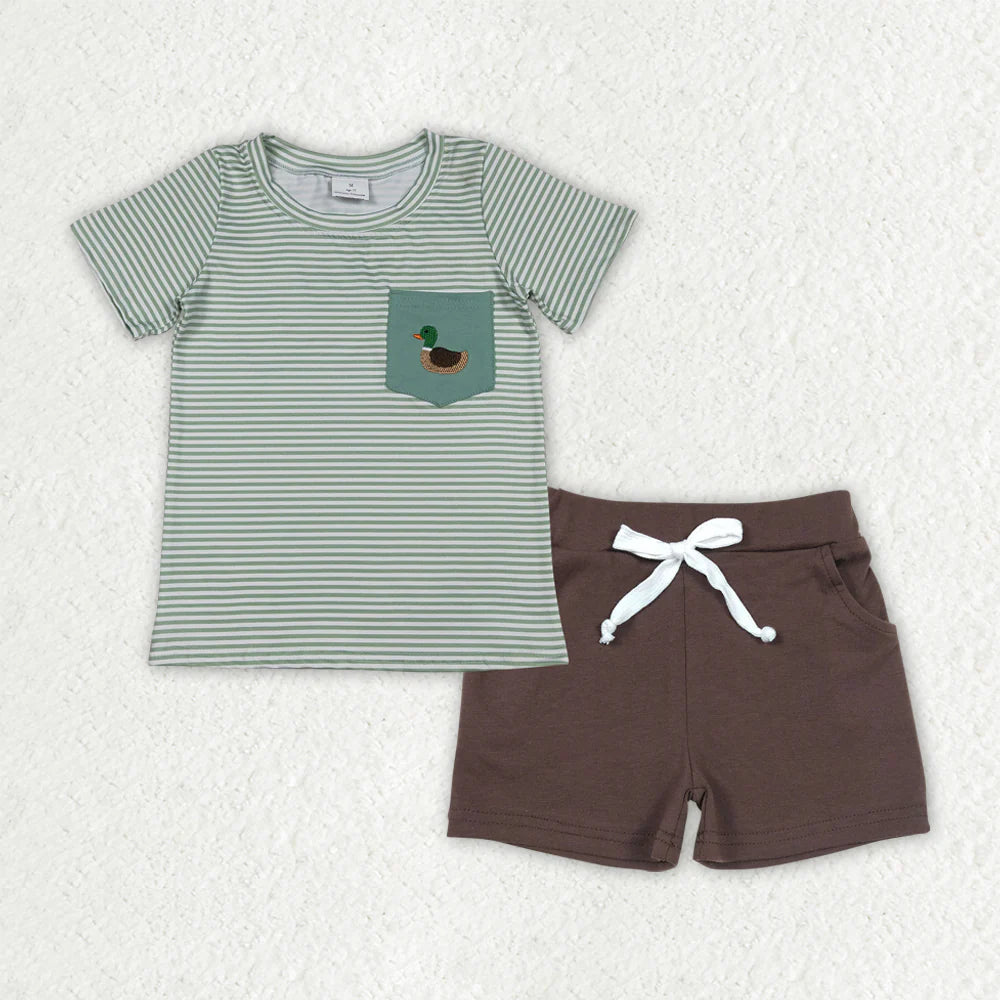 1.15 RTS NO MOQ (In stock) BSSO1807 Baby Boys Green Stripe Embroidery Ducks Top Pockets Shorts Hunting Clothes Sets