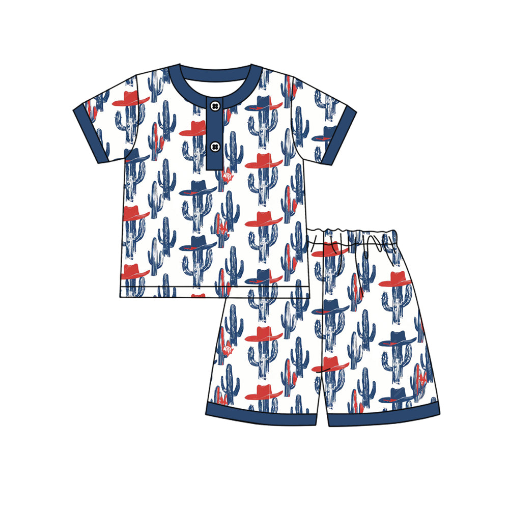 1.5 BSSO1822 Pre order No Moq Baby Boys Short Sleeve Cactus Hats Button Top Shorts Western Pajamas Sets