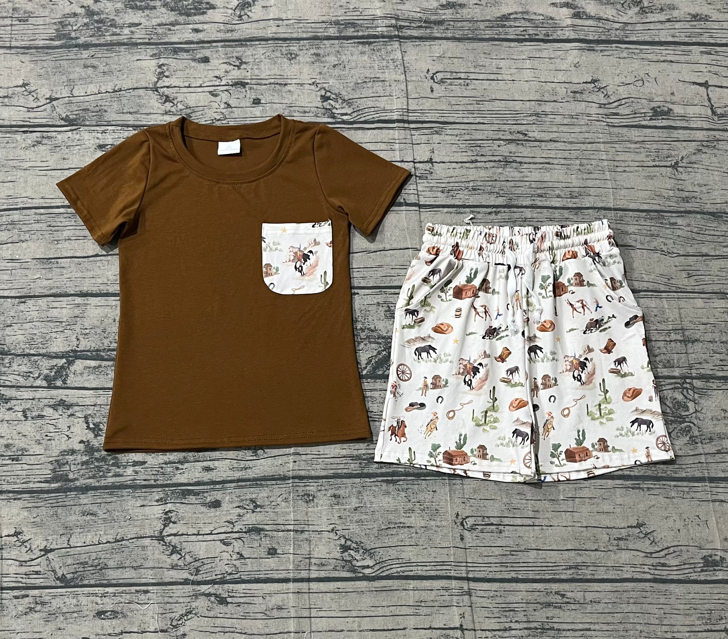 3.7 BSSO1825 Sample No Moq Summer Baby Boys Pocket Shirt Top Horse Rodeos Cactus Pockets Short Western Clothes Sets