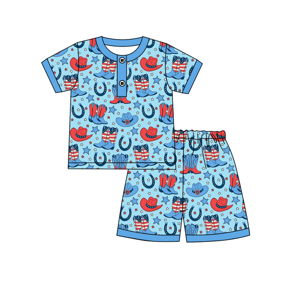 1.5 BSSO1828 Pre order No Moq Baby Boys Stars Hats Boots Button Top Shorts 4th of July Western Pajamas Sets