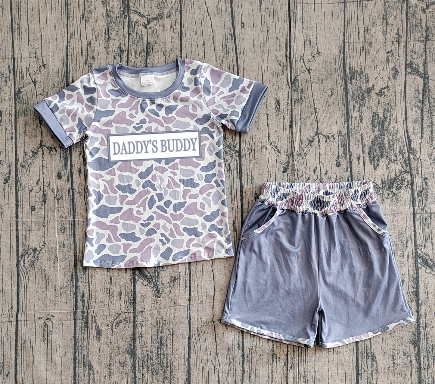 3.11 BSSO1838 Sample No Moq Summer Baby Boys Embroidery Daddy's Buddy Light Grey Camo Top Pockets Shorts Clothes Sets