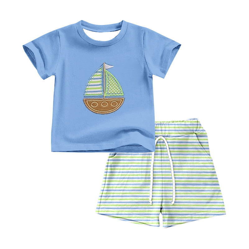 1.9 BSSO1860 Pre order No Moq Baby Boys Blue Short Sleeve Boats Top Stripe Pockets Shorts Clothes Sets