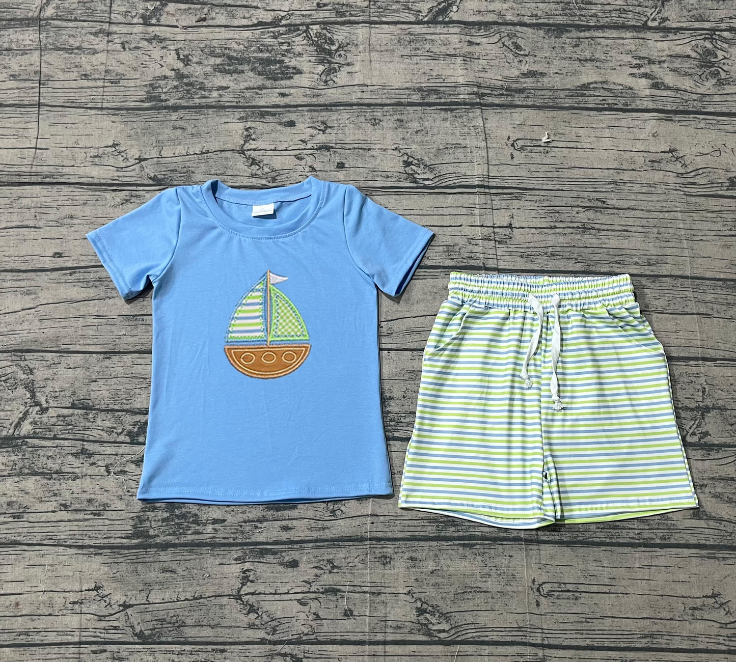 3.7 BSSO1860 Sample No Moq Summer Baby Boys Embroidery Boats Blue Shirts Top Stripe Pockets Shorts Clothes Sets