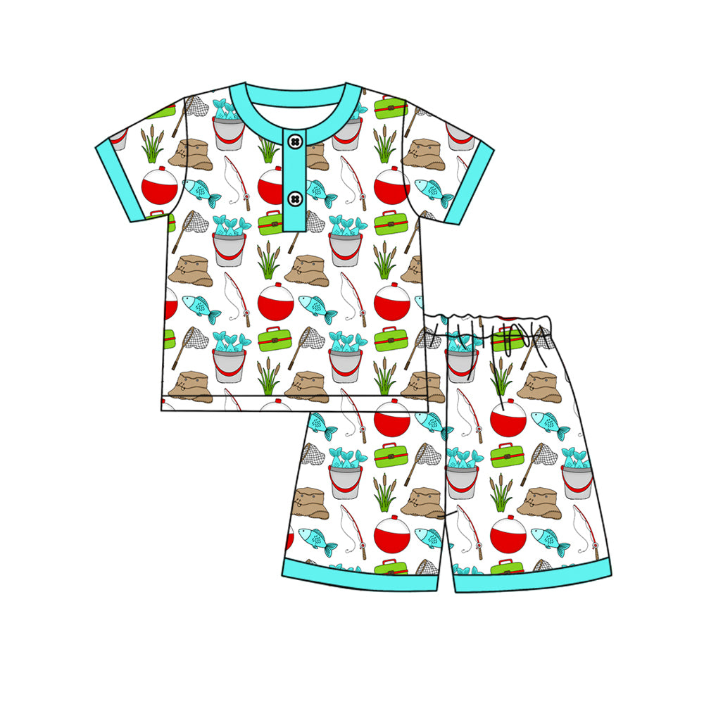 1.9 BSSO1862 Pre order No Moq Baby Boys Short Sleeve Fishing Button Top Shorts Hunting Pajsmas Sets