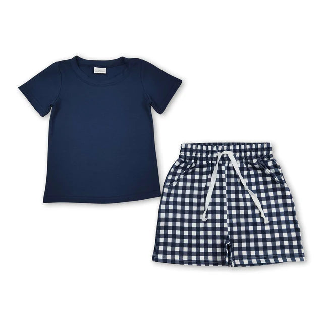 RTS Sibling Short sleeves light blue top plaid shorts boys summer outfits