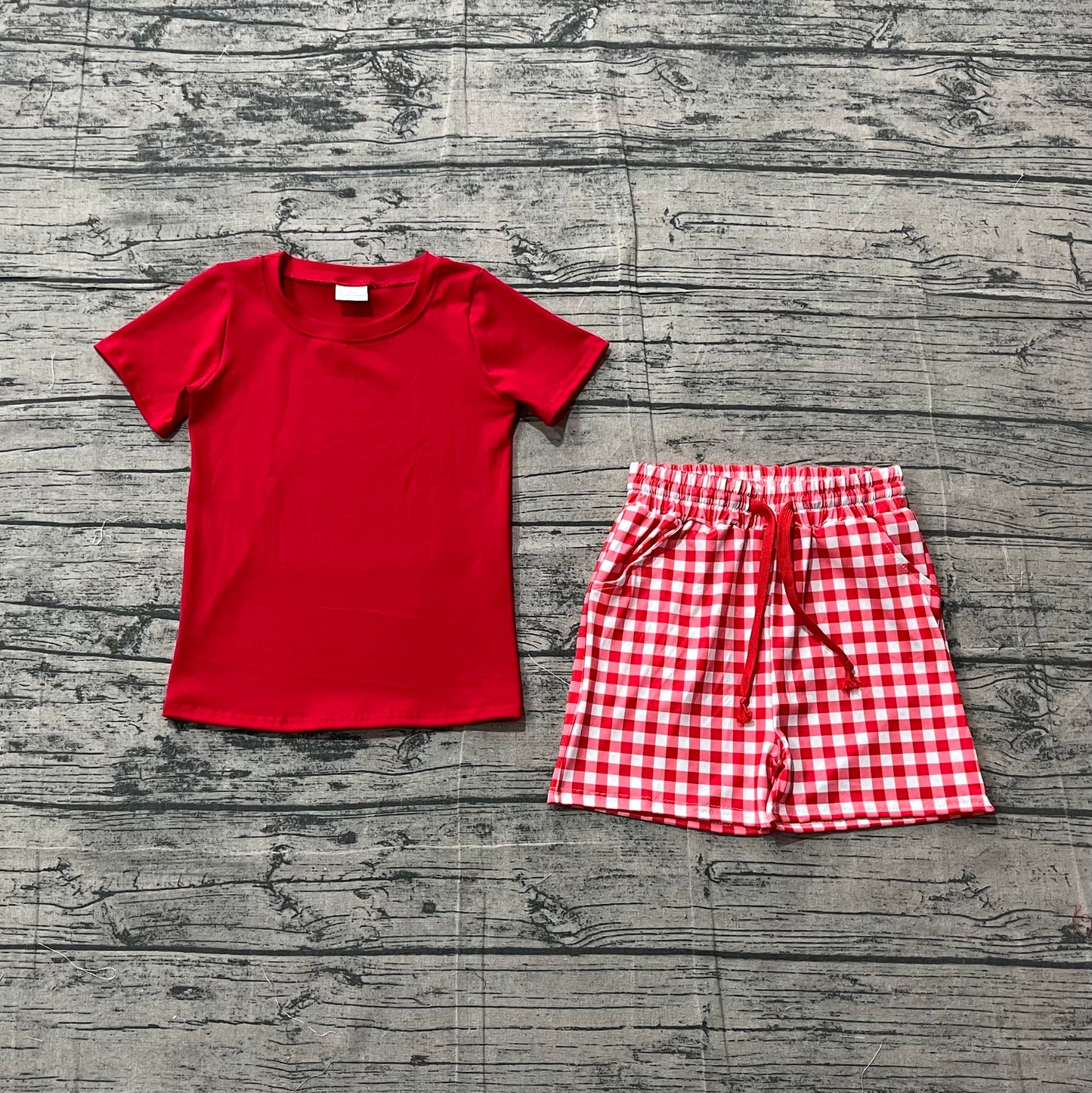 1.24 BSSO1884 Sample No Moq Baby Boys Red Shirts Top Checked Pockets Shorts Clothes Sets