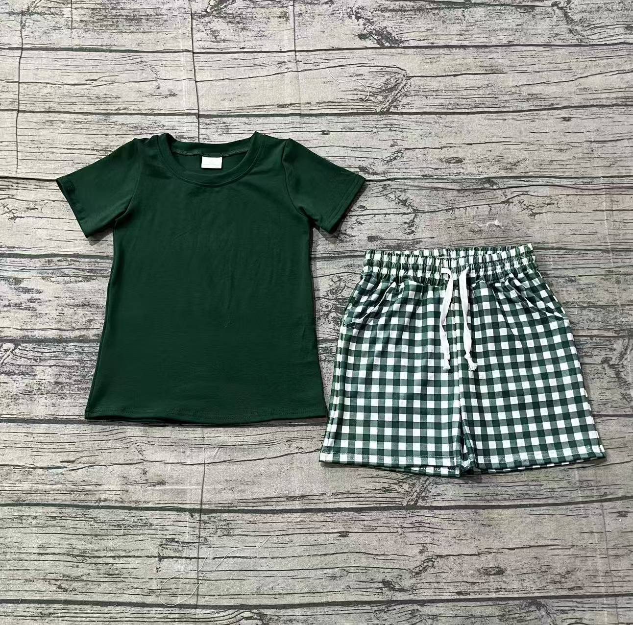 1.26 BSSO1885 Sample No Moq Baby Boys Dark Green Shirts Top Checked Pockets Shorts Clothes Sets