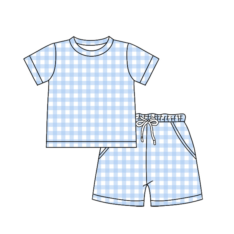 1.17 BSSO1896 Pre order No Moq Baby Boys Light Blue Checked Top Pockets Shorts Clothes Sets