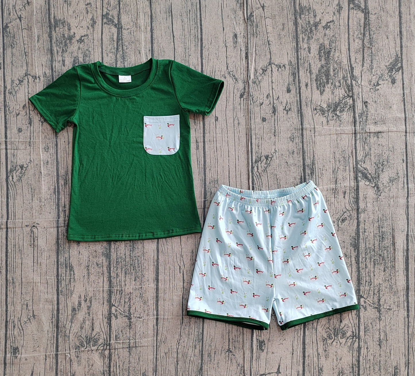 3.10 BSSO1899 Sample No Moq Summer Baby Boys Dark Green Ducks Pocket Top Hunting Shorts Clothes Sets