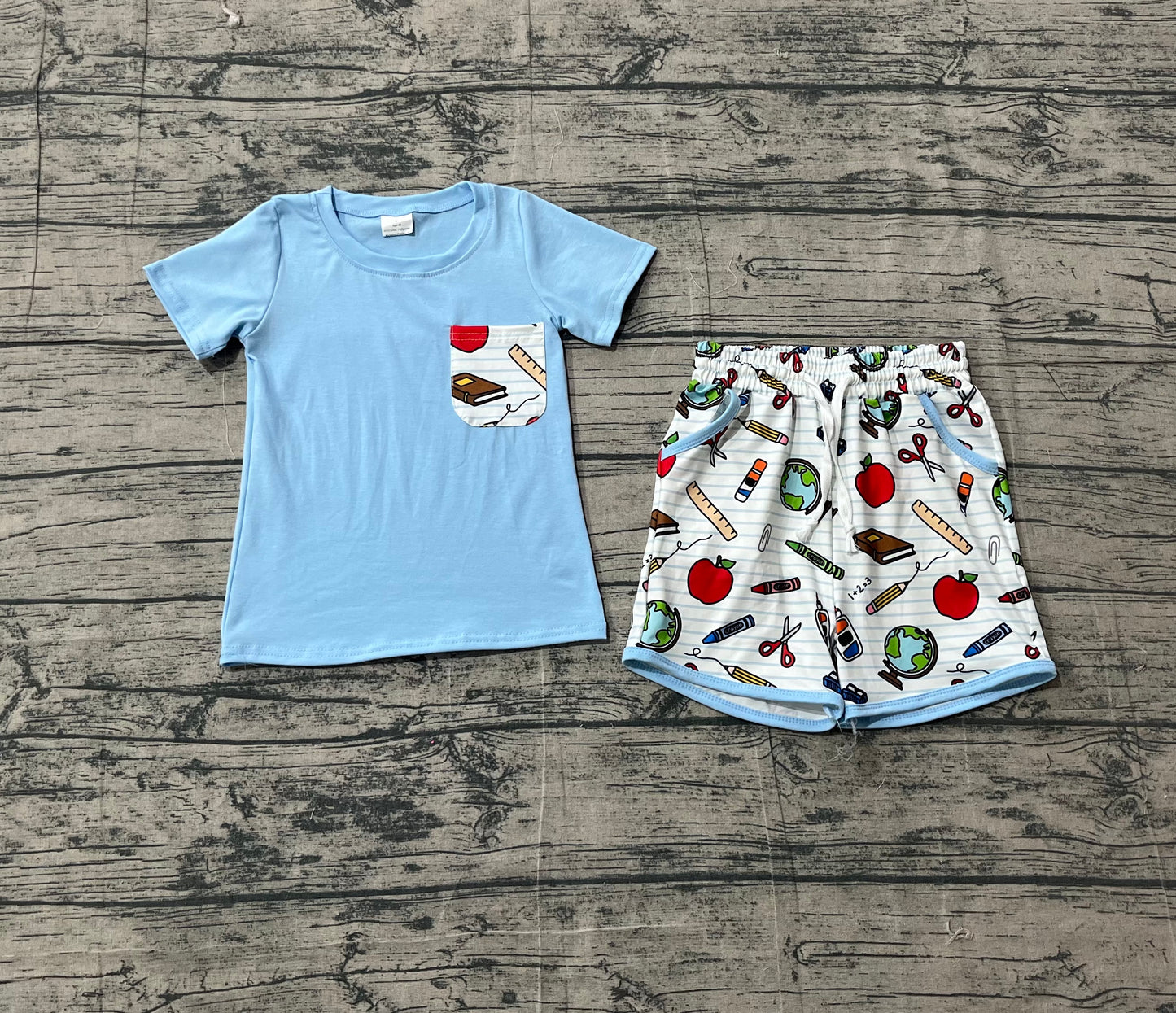 3.14 BSSO1921 Sample No Moq Summer Baby Boys Short Sleeve Apples Pencils Top Pockets Shorts Back to School Clothes Sets