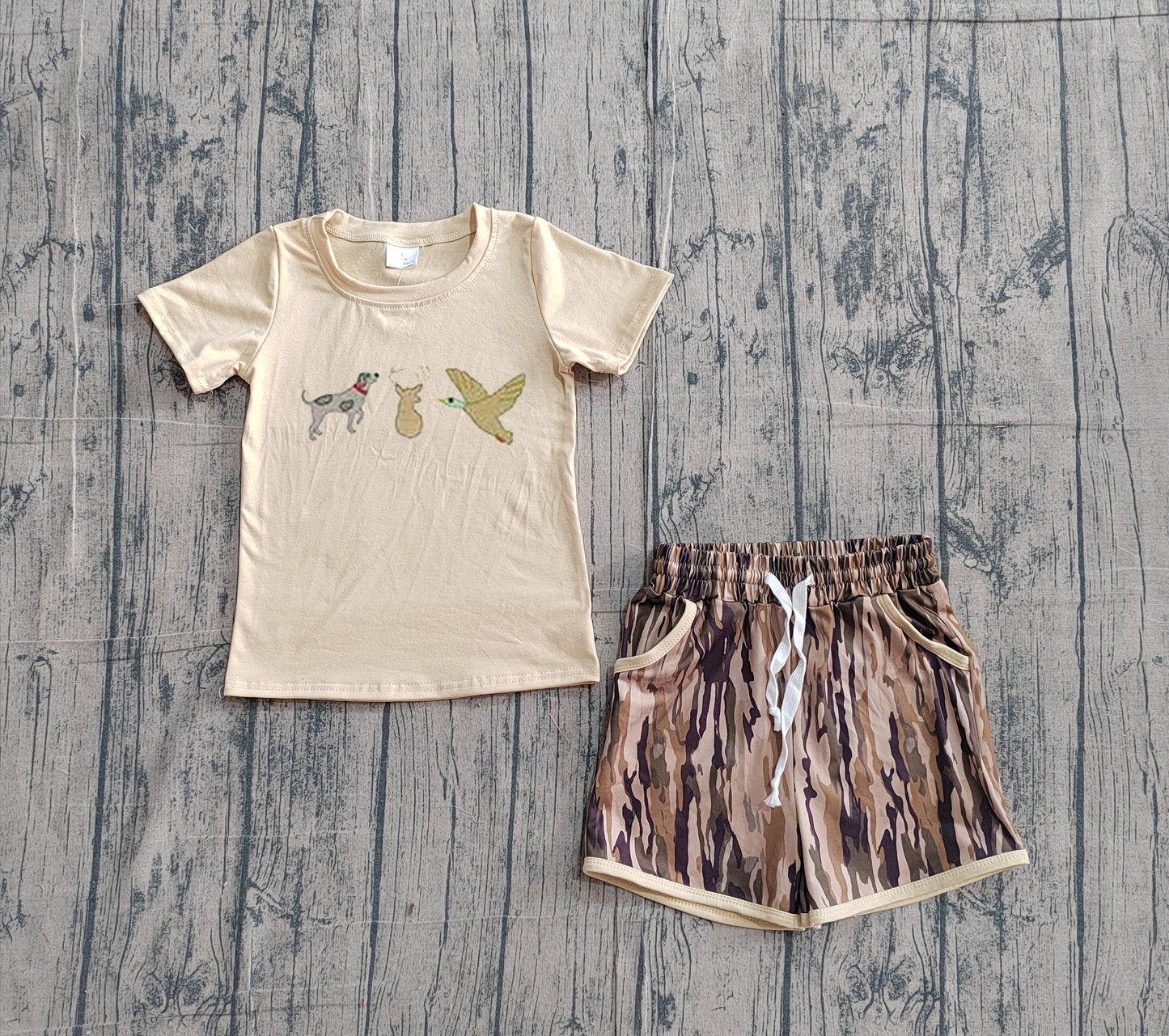 2.4 BSSO1927 Sample No Moq Embroidery Dog Ducks Deer Baby Boys Top Olive Camo Pockets Shorts Hunting Sets