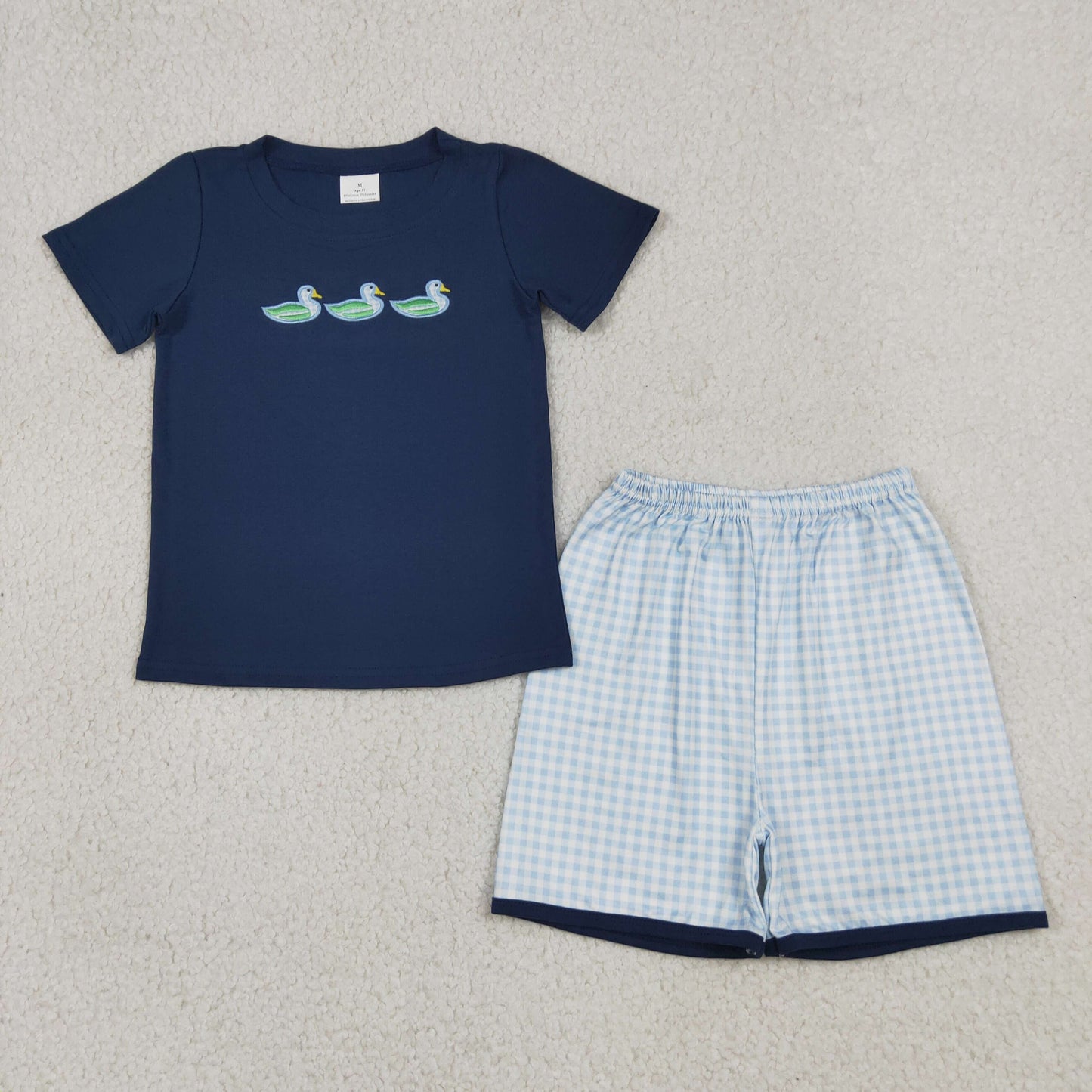 BSSO1938 RTS NO MOQ (In stock)Baby Boys Navy Ducks Top Checked Short Hunting Clothes Sets