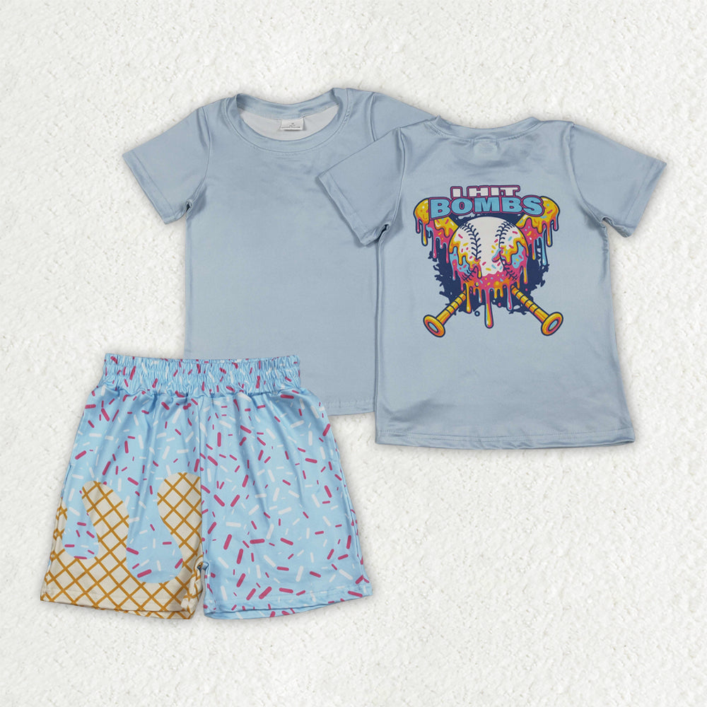 4.8 BSSO1951 RTS NO MOQ (In stock )Baby Boys Light Blue Bombs Top Short Team Clothes Sets