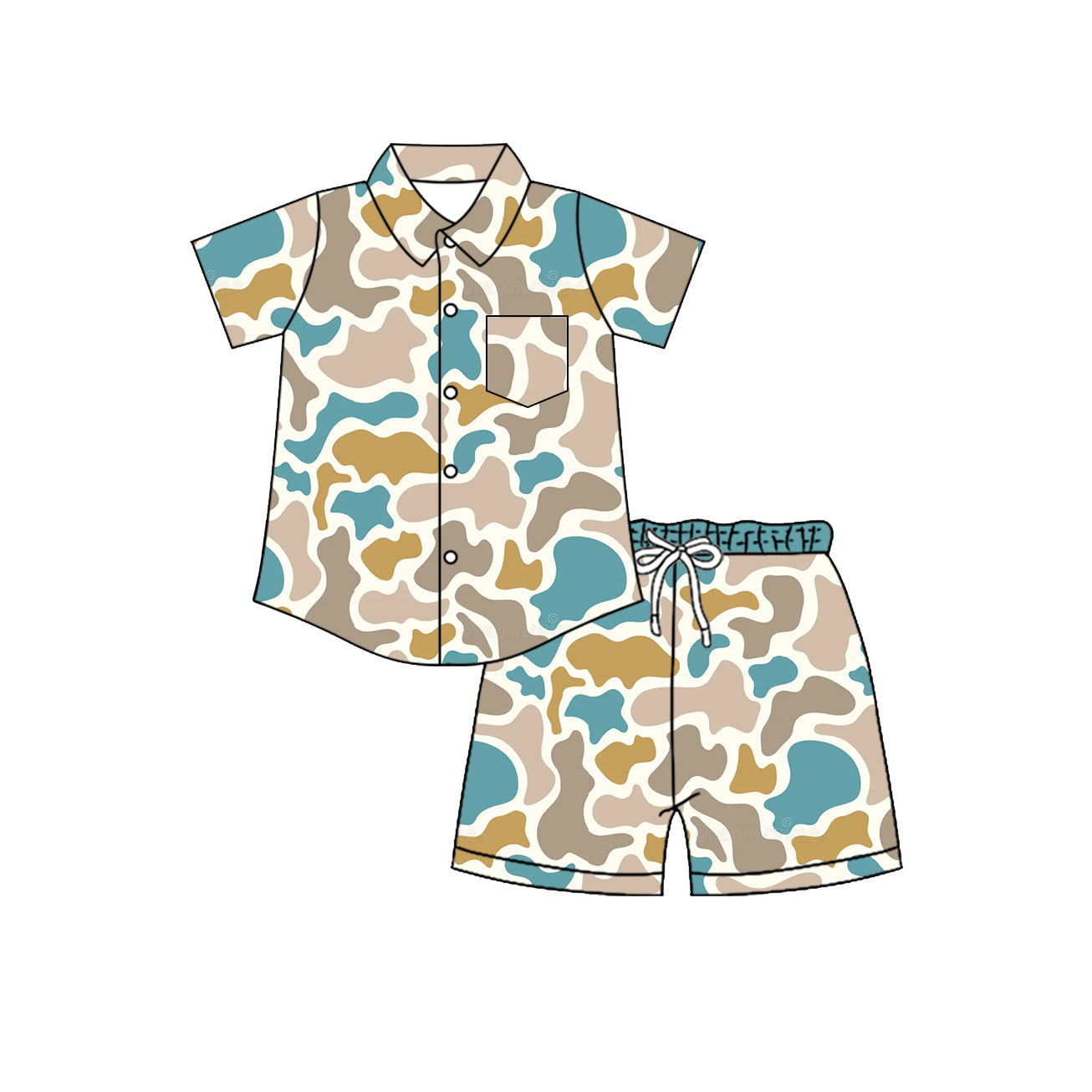 4.8 Pre order No Moq Baby Boys Southern Camo Sharks Button Pocket Top Short Hunting Clothes Set