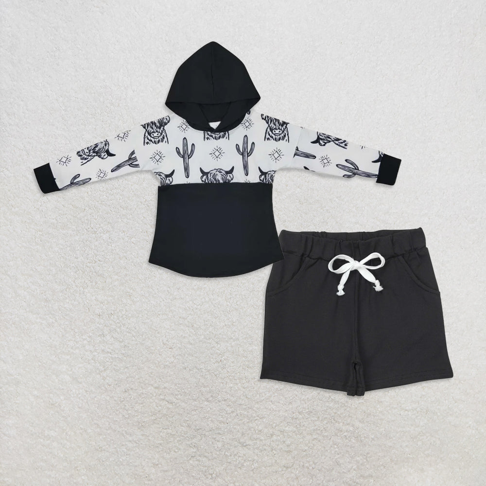 10.1 RTS NO MOQ (In stock)BT0318 + SS0137 Baby Boys Highland Cow Cactus Hooded Long Sleeve Shirt Tops Pockets Cotton Bottoms Shorts
