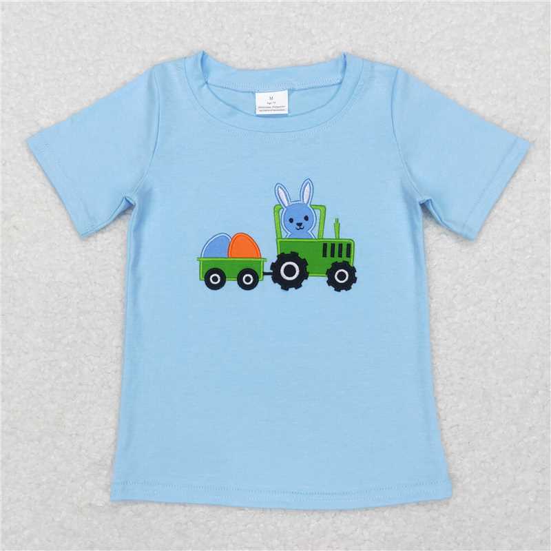 BT0426 RTS NO MOQ Bunny egg tractor blue kids easter shirt