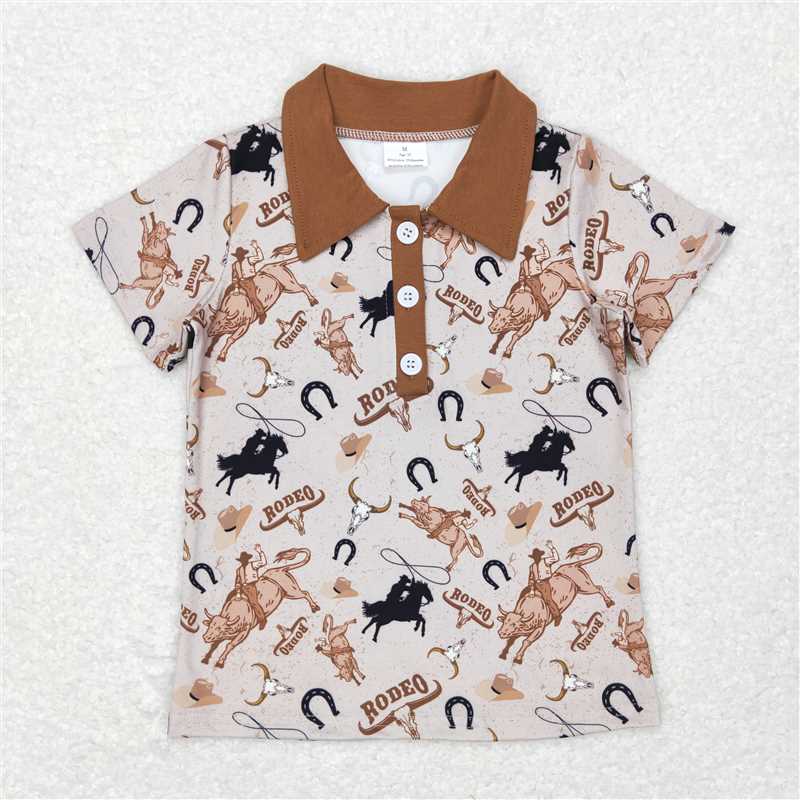 4.07 BT0429 RTS NO MOQ Baby Boys Summer Tops Bull skull rodeo short sleeves western boy polo shirt