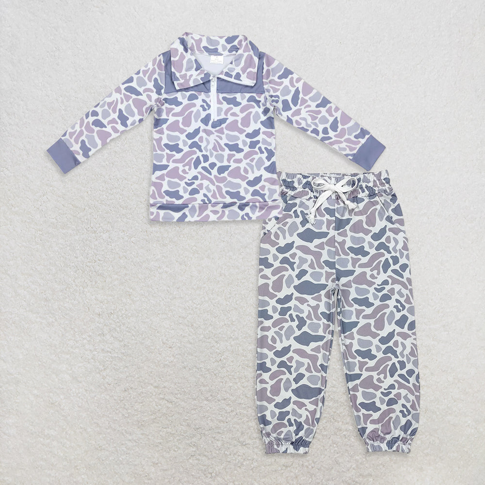 10.14 RTS NO MOQ (In stock)BT0467 + P0651 Baby Boys Grey Camo Zip Long Sleeve Patchwork Pullovers Tops Bottoms Jogger Pants