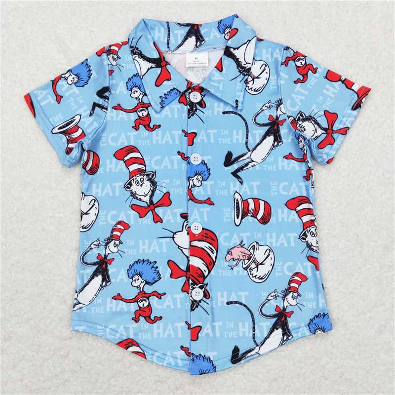 2.10 RTS NO MOQ (In stock)BT0491 Kids Fashion Clothing Baby Boys Blue Cat Hat Fish Buttons Short Sleeve Tee Shirts