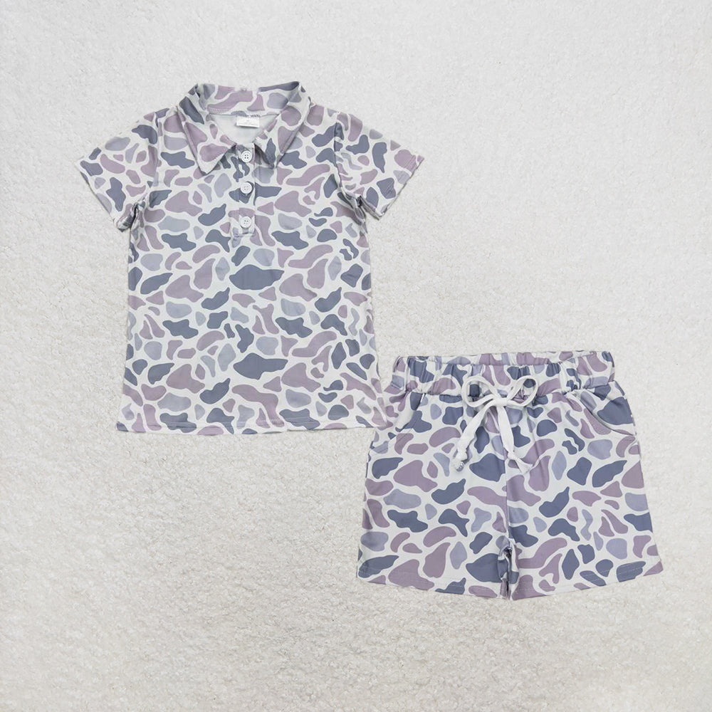 USA Warehouse (IN STOCK) Kids Boys Grey Camo Polo Shirt Short Sleeves with Pockets Elastic Waist Hunting Theme Clothing for Boys