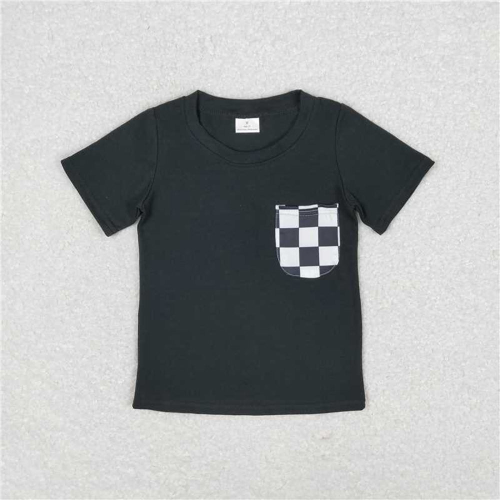 5.19 BT0660 RTS NO MOQ Black plaid pocket short sleeves kids boys top