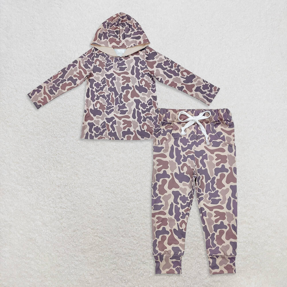 RTS Sibling Kids Boys Long Sleeve Camouflage Hunting Hoodie Khaki with Pockets Baby Boys Camo Hunting Pants Set