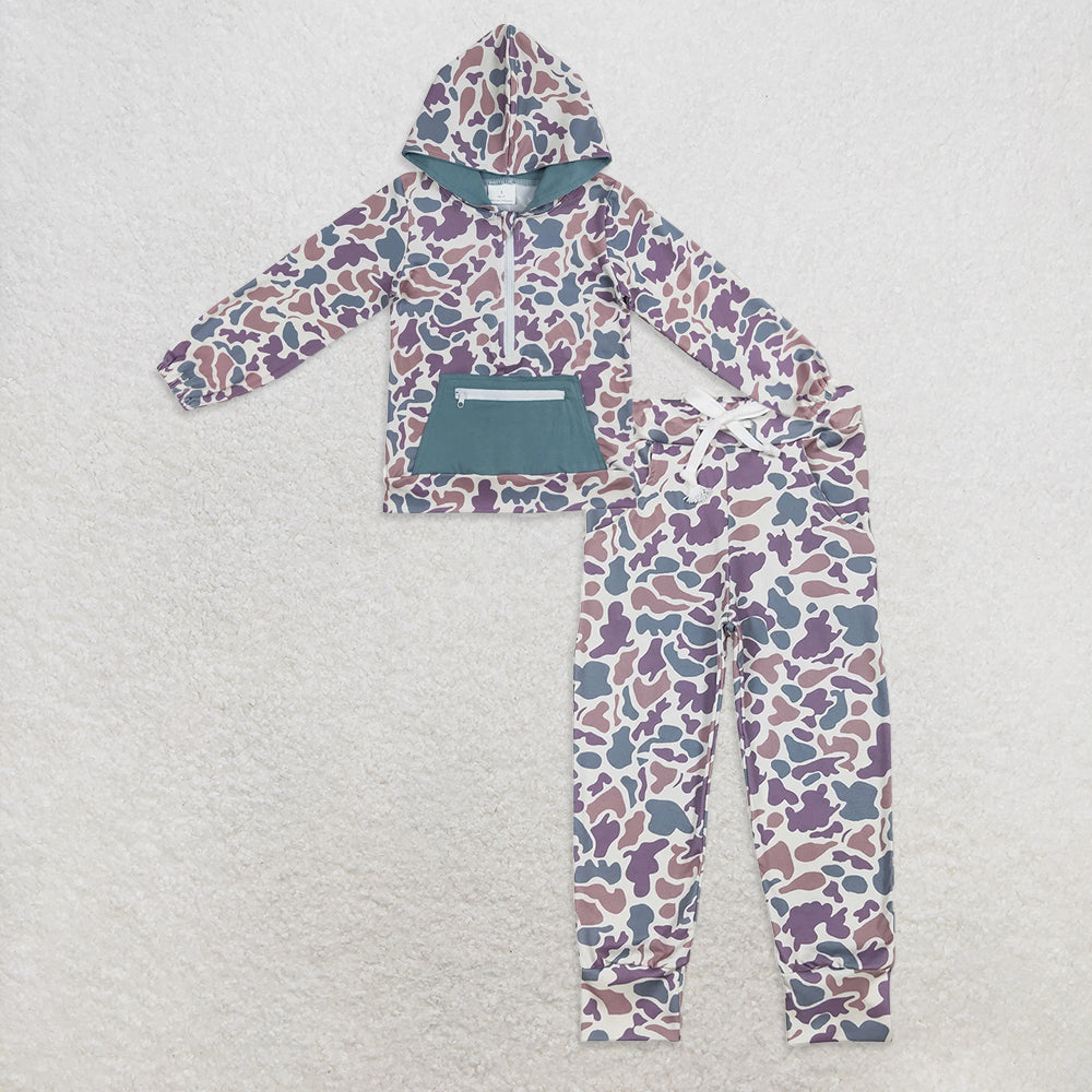 9.30 RTS NO MOQ (In stock)BT0754 + P0659 Baby Boys Green Camo Hooded Zip Fall Pullovers Tops Bottoms Pants