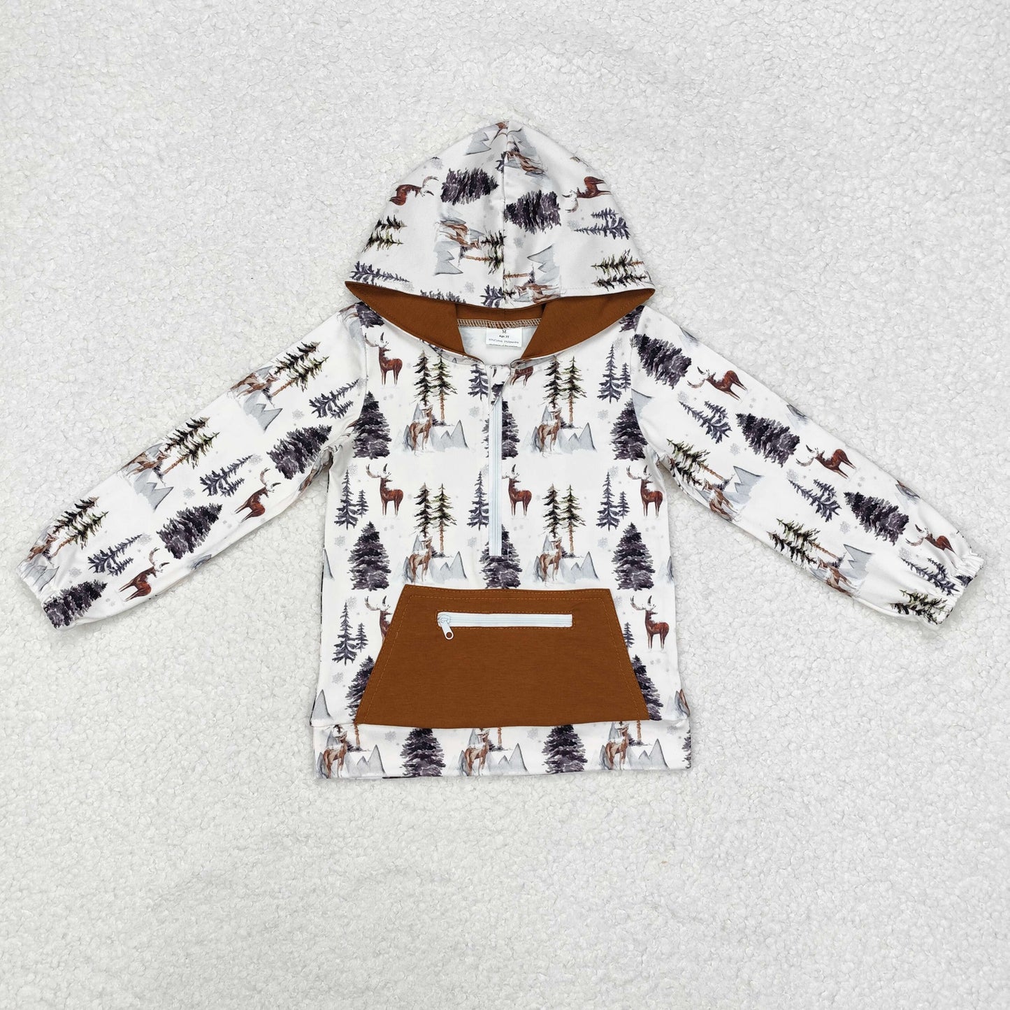 BT0758 Long sleeves brown deer tree pocket zipper boys hoodie