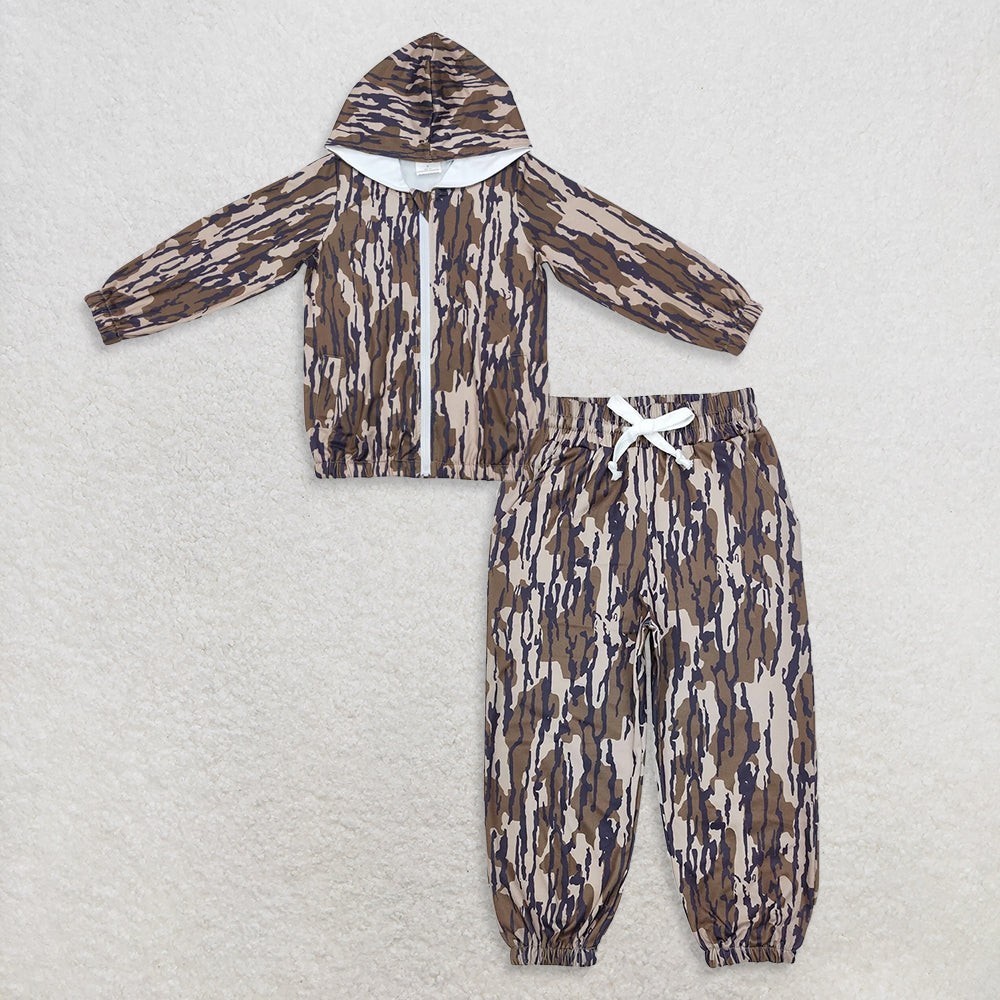 9.26 RTS NO MOQ (In stock)BT0795 + P0649 Baby Boys Bottomland Camo Hooded Long Sleeve Zip Jackets Tops Pockets Jogger Pants