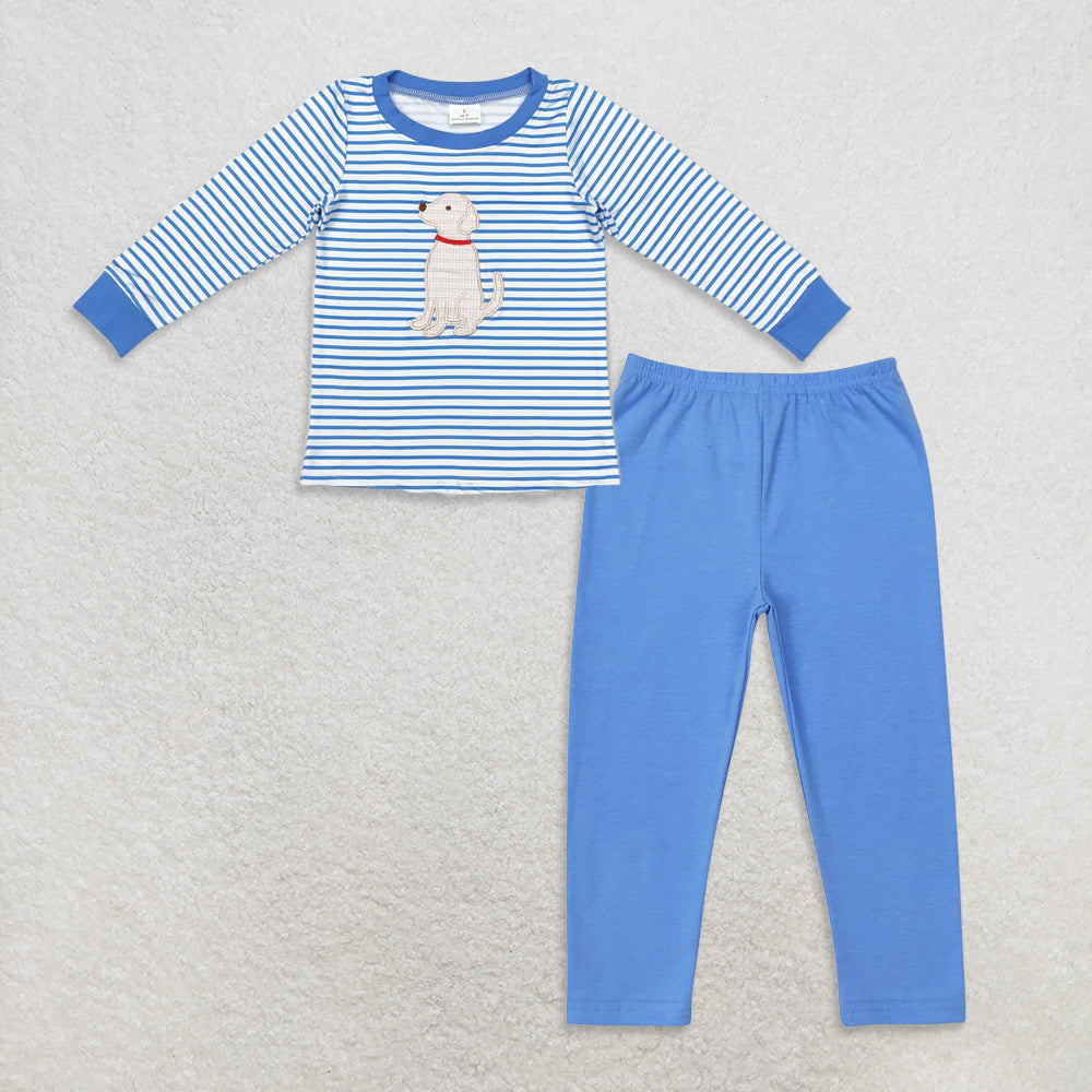 10.3 RTS NO MOQ (In stock)BT0808 + P0561 Baby Boys Blue Stripes Dog Long Sleeve Tee Shirts Tops Cotton Bottom Pants