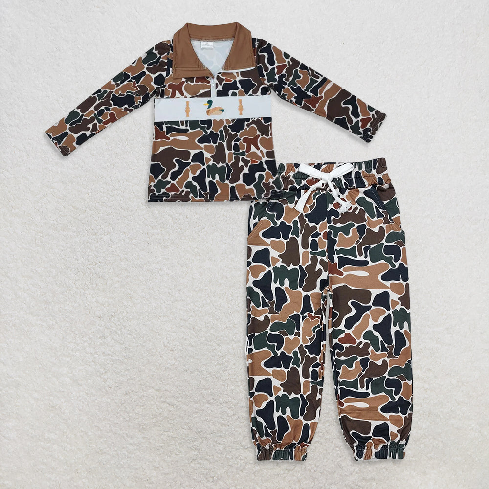 10.3 RTS NO MOQ (In stock)BT0903 + P0650Baby Boys Brown Camo Duck Call Zip Pullovers Tops Bottoms Jogger Pants