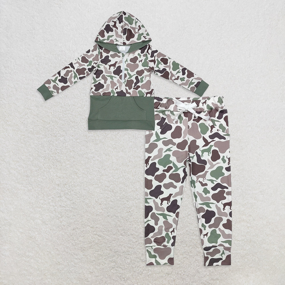 9.30 RTS NO MOQ (In stock)BT0914 + P0660 Baby Boys Dogs Hunting Camouflage Hooded Pocket Tops Bottoms Pants