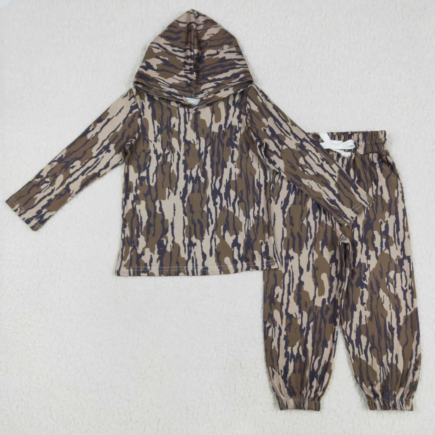 BT0920+P0649Kids Boys Long Sleeve Bottomland Camo Hoodie with Pockets Elastic Waist Hunting Pants - Outdoor Camouflage Clothing for Boys