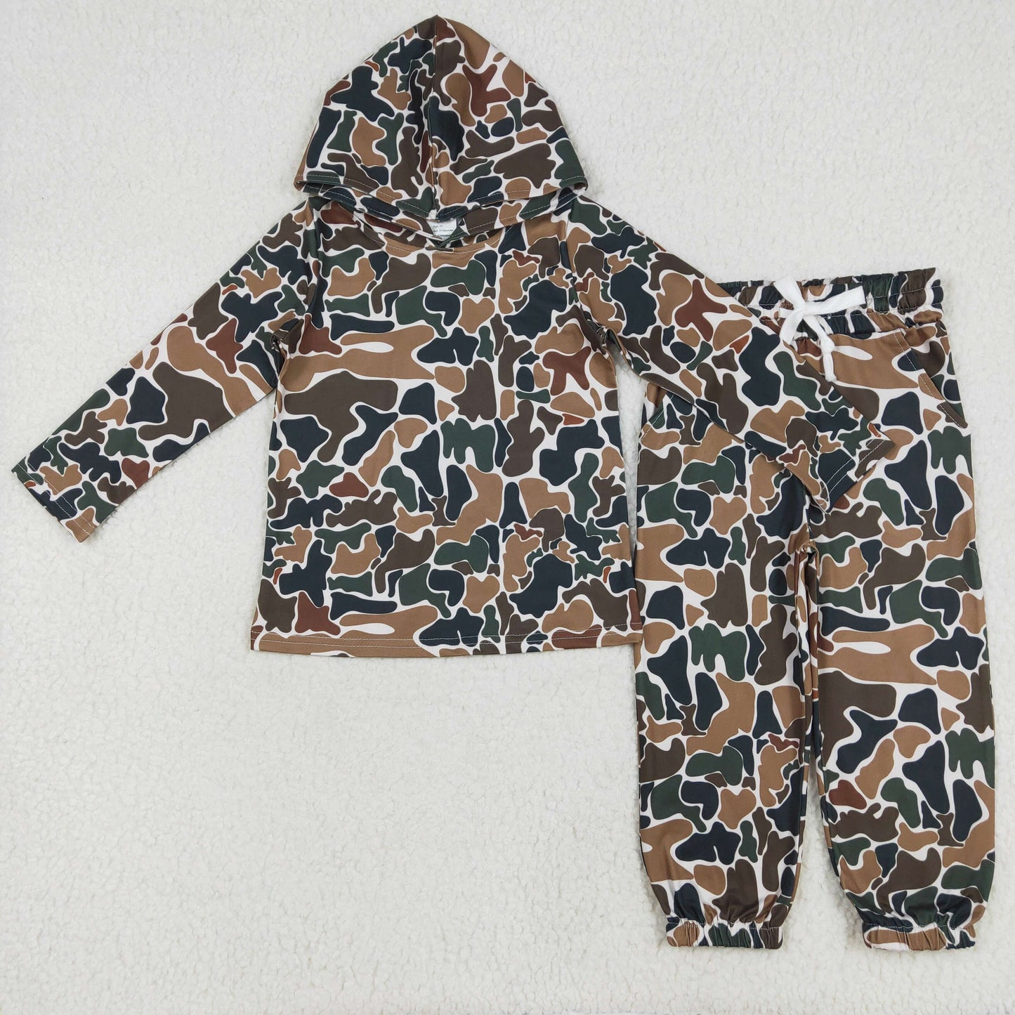 BT0921+P0650Kids Boys Long Sleeve Brown Camouflage Hoodie with Long Pants Set Casual Camo Outfit for Children