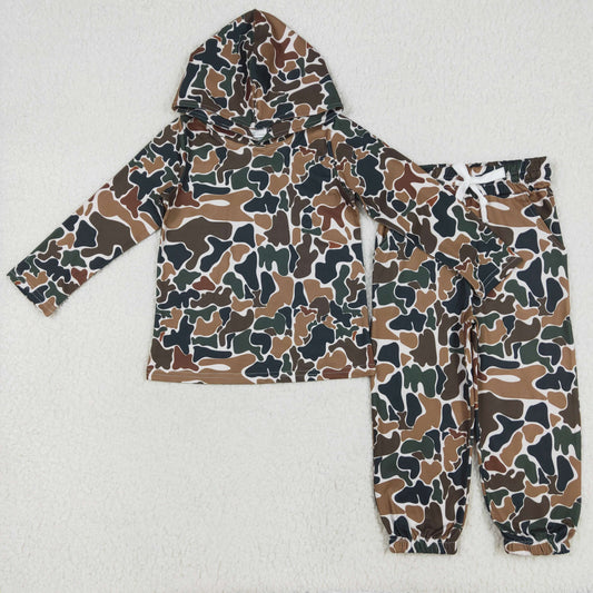 BT0921+P0650Kids Boys Long Sleeve Brown Camouflage Hoodie with Long Pants Set Casual Camo Outfit for Children
