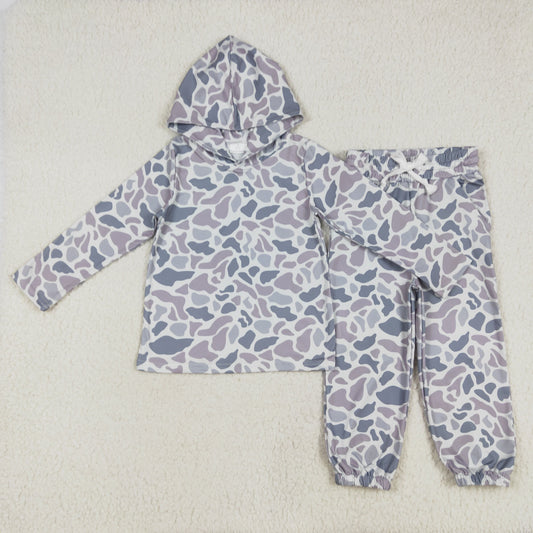 BT0922+P0651Kids Boys Long Sleeve Grey Camouflage Hoodie with Matching Long Pants Set Casual Camo Outfit for Children