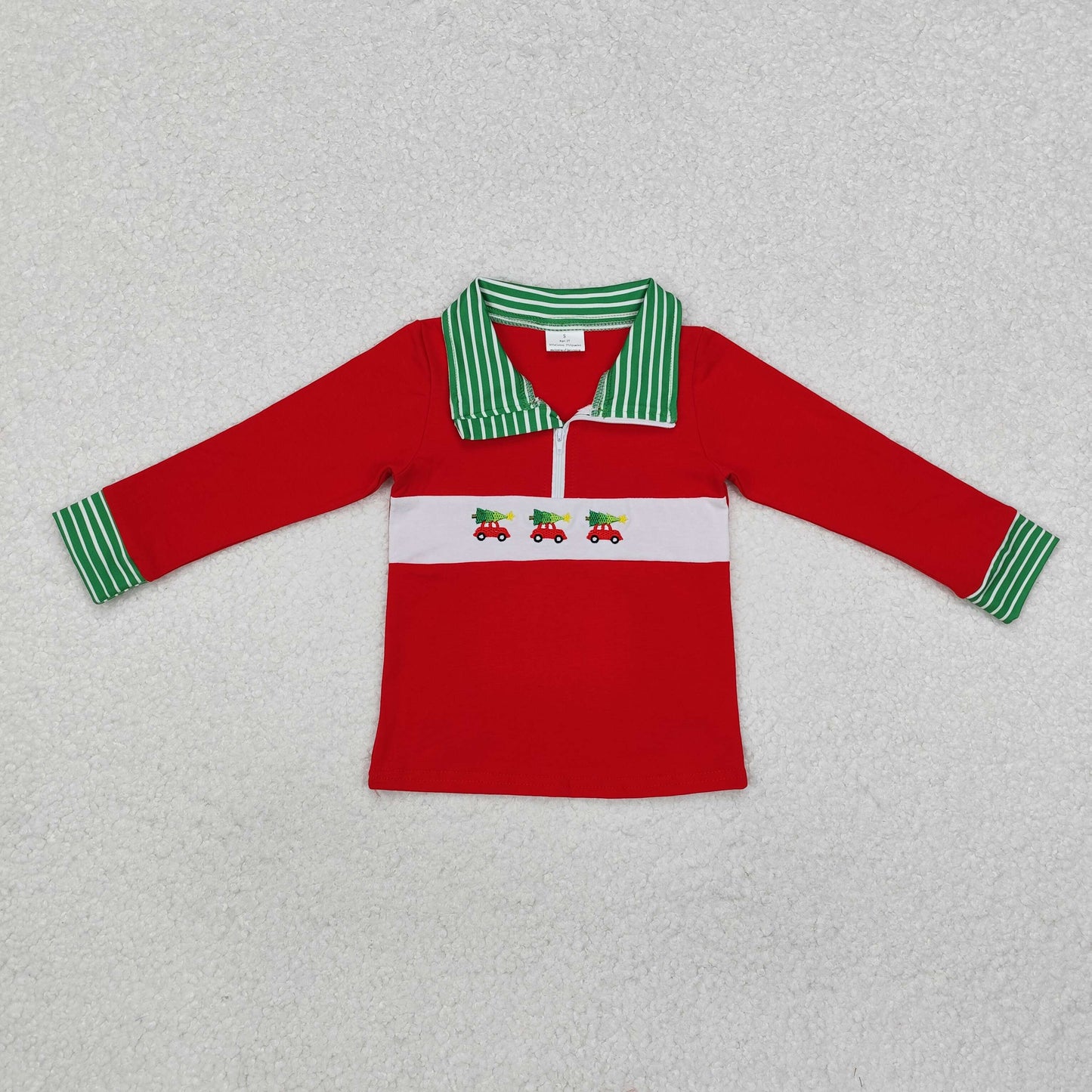BT0930 Baby Boys Red Christmas Tree Cars Zip Long Sleeve Pullovers Tops Preorder