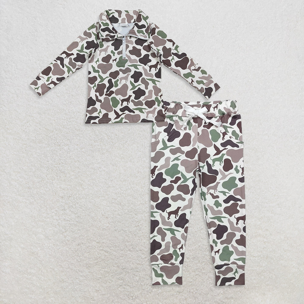 9.27 RTS NO MOQ (In stock)BT0955 + P0660 Baby Boys Southern Dogs Ducks Camo Half Zip Pullovers Tops Bottoms Pants